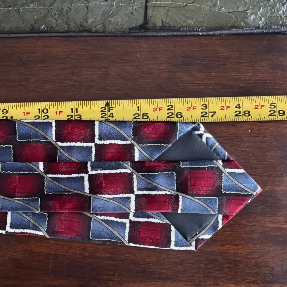 Fenzia Men's Necktie Red silver Geometric Silk Tie‎ Business Casual Vintage 90s
